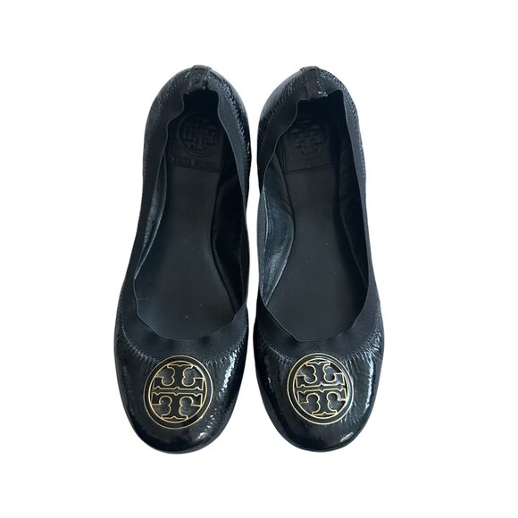 TORY BURCH Black Patent Leather Logo Ballet Flats Size 8 - Picture 4 of 7